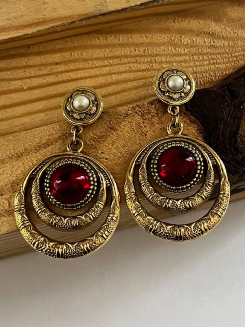 Bold Drop Hoop Earrings Red Cabochon Faux Pearl Gold Tone Setting